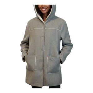 Mo-Ka Faux Shearling Gray Jacket Coat Large Button Closure Hood Pockets NWT